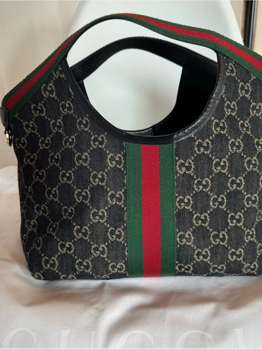 Gucci Black Denim Giglio Canvas Tote with Green-Red Stripe - Picture 2 of 11